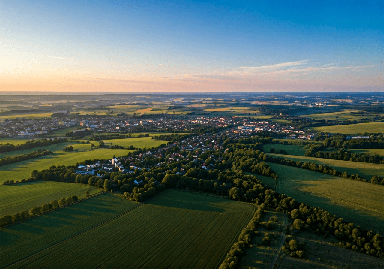 Aerial view of the Kolin region showing urban and rural layout, bright morning light, professional drone photography, 85mm lens, high contrast, clean aesthetic, no text, no letters