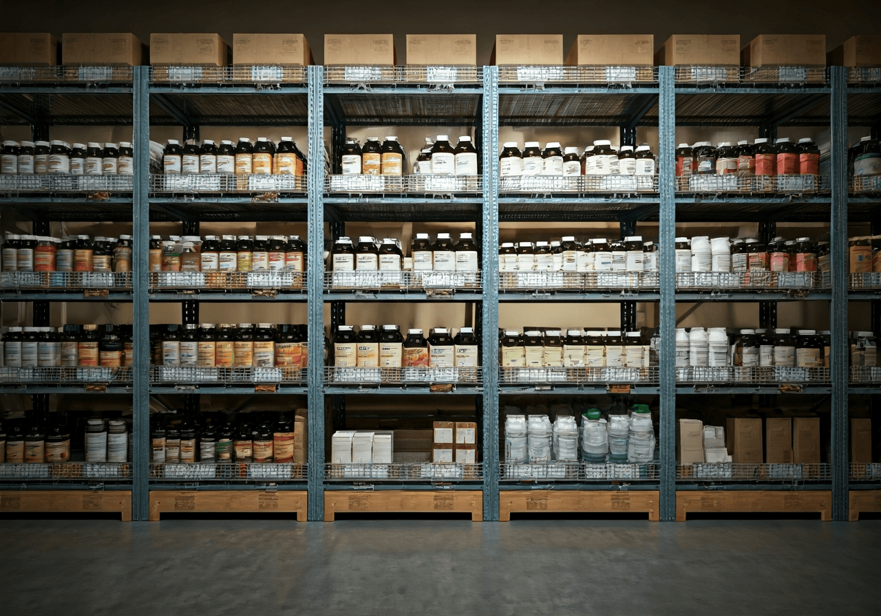A professional logistics warehouse interior featuring neatly organized natural health supplements and organic wellness products on high-tech shelving, modern, clean, editorial photography, soft natural light, 85mm lens, depth of field, no text, no words, no letters