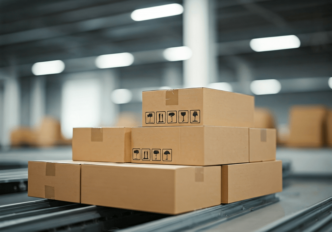 A high-angle close-up of a stack of neatly arranged parcel boxes in a modern, automated logistics warehouse, soft natural daylight, minimalist industrial background, premium editorial photography, 85mm lens, no text, no words, no letters