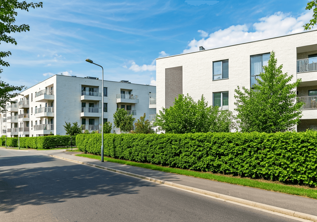 A clean, modern street view of a residential area in Pardubice-Polabiny with greenery, soft natural sunlight, professional architectural photography, 85mm lens, high resolution, no text, no words, no letters