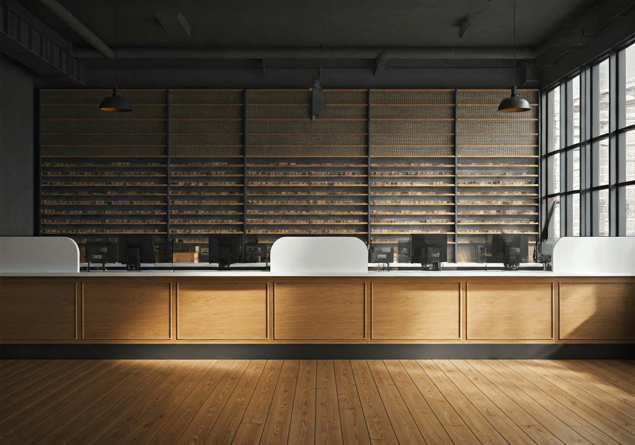 Pošta Rousínov: Jak se vyhnout frontám? (Osvědčený tip) 1 A professional, modern post office interior, clean wooden service counters, high-end editorial aesthetic, soft natural light streaming through windows, 85mm lens, minimalist design, no text, no words, no letters.