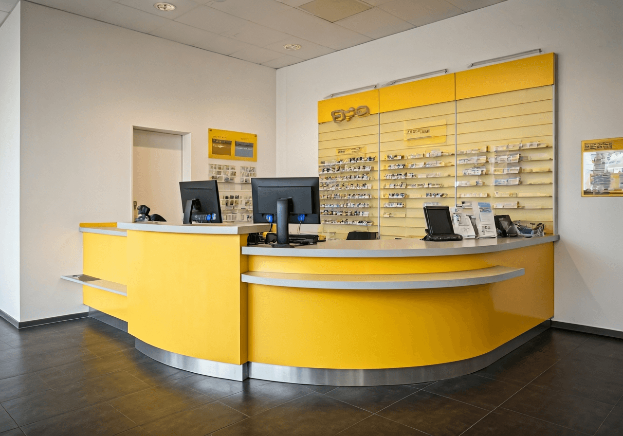 Pošta Rousínov: Jak se vyhnout frontám? (Osvědčený tip) 2 A professional, modern post office interior in a small Czech town, bright and minimalist atmosphere with a clean service counter, soft natural light, editorial photography style, 85mm lens, high quality, no text, no words, no letters