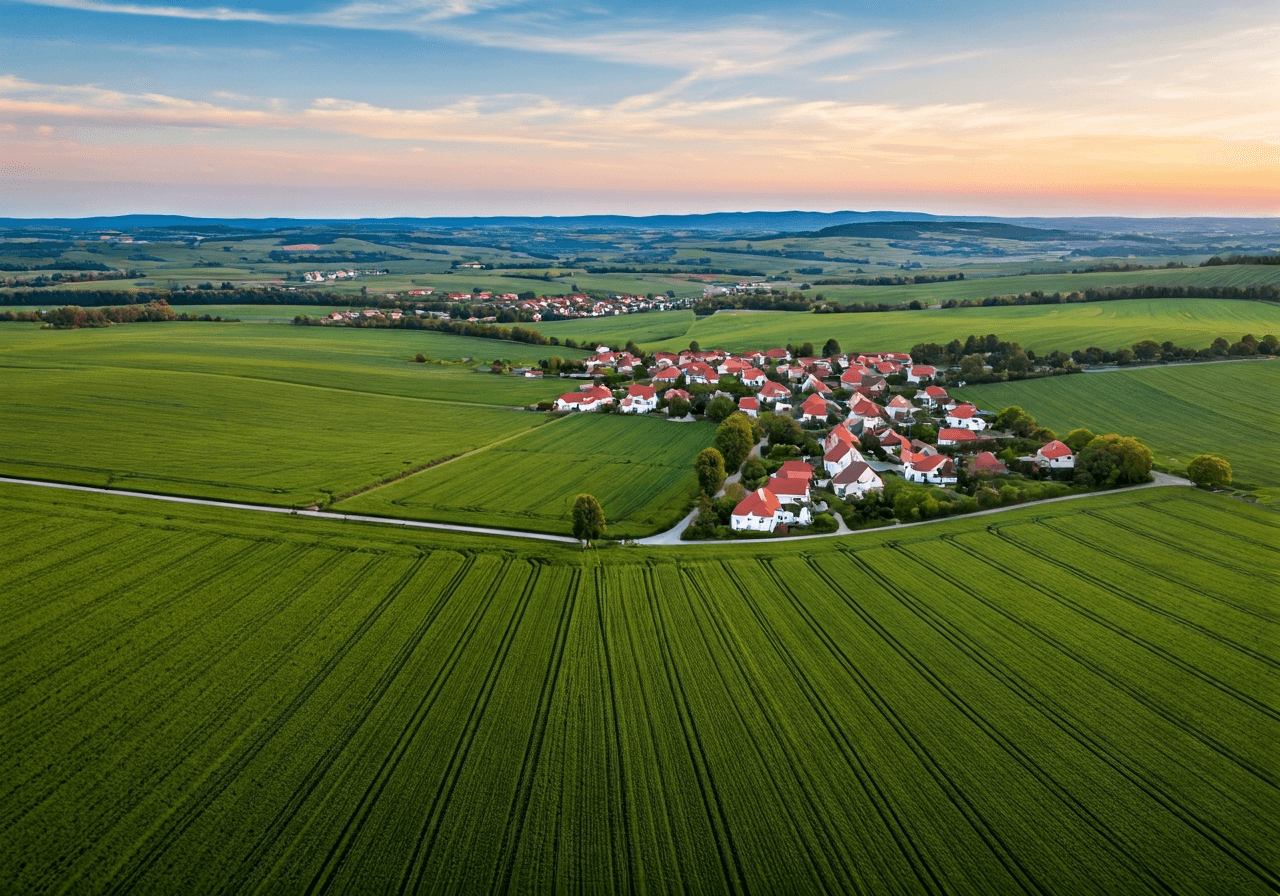 A scenic aerial view of the South Moravian village of Kostice, surrounded by lush green fields and vineyards, bright daylight, cinematic wide-angle shot, editorial landscape photography, highly detailed, no text, no letters