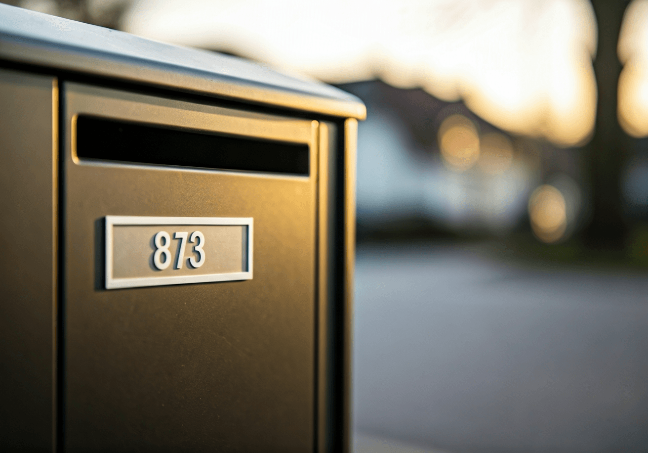 Close-up professional editorial shot of a sleek modern mailbox with an address label, warm natural sunlight reflecting on metallic surfaces, blurred village street background, 85mm lens, high resolution, no text, no letters