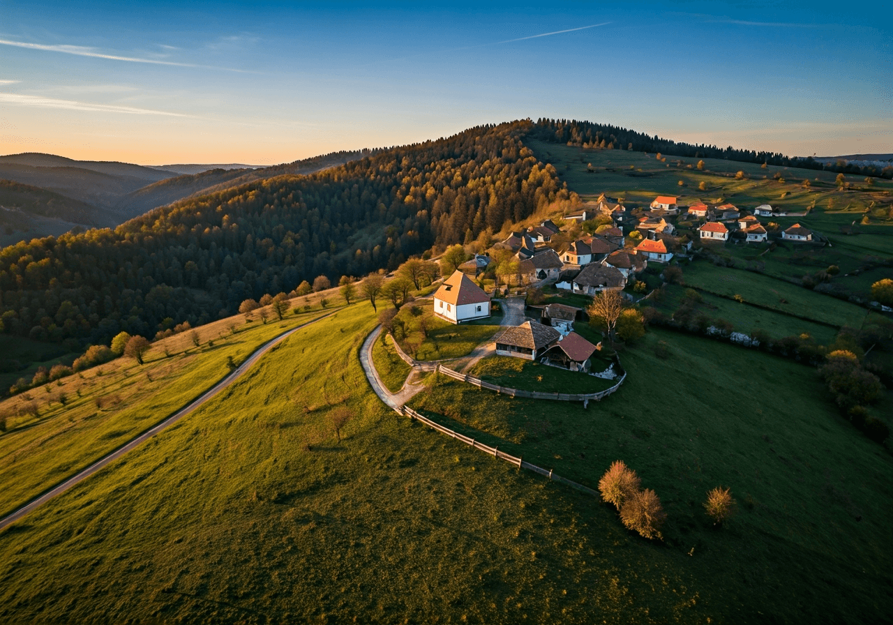 Aerial view of a small picturesque village nestled in the rolling hills of the Wallachian landscape, golden hour, soft natural light, editorial photography, 85mm lens, highly detailed, serene atmosphere, no text, no letters
