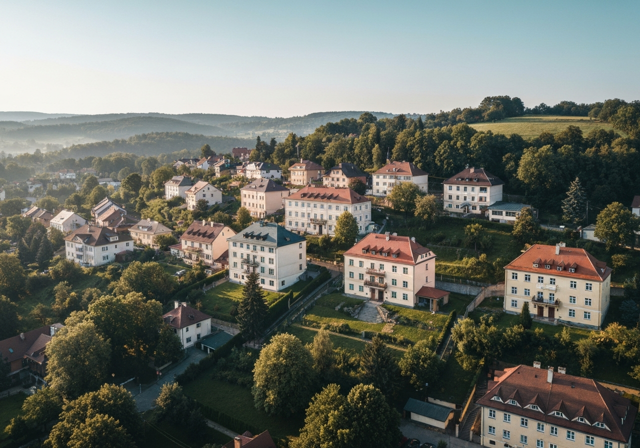 Aerial wide shot of the Pod Bezručovým vrchem district in Krnov, scenic residential architecture nestled in a hilly landscape, soft natural morning light, editorial photography style, 85mm lens, high resolution, no text, no letters