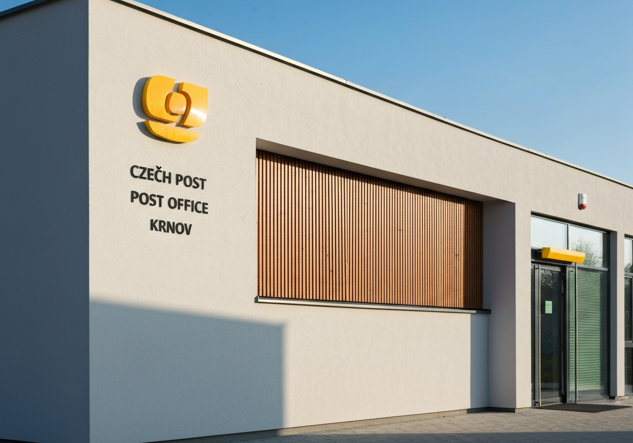 A professional exterior shot of a modern, clean Czech Post office building in Krnov, architectural photography, bright daylight, clear signage, soft shadows, 85mm lens, premium quality, no text, no words, no letters