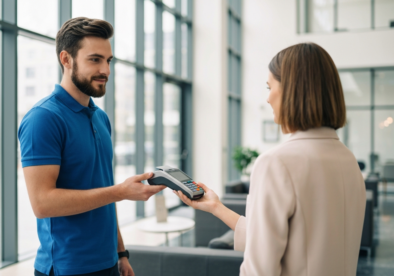 A professional courier holding a mobile payment terminal next to a customer in a bright modern lobby, soft natural light, editorial photography style, 85mm lens, high quality, no text, no words, no letters.