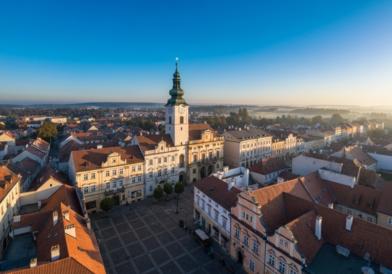 Aerial view of the historical town square of Sedlcany in the Czech Republic, clear blue sky, morning sunlight, architectural photography, premium quality, 85mm lens, no text, no words, no letters