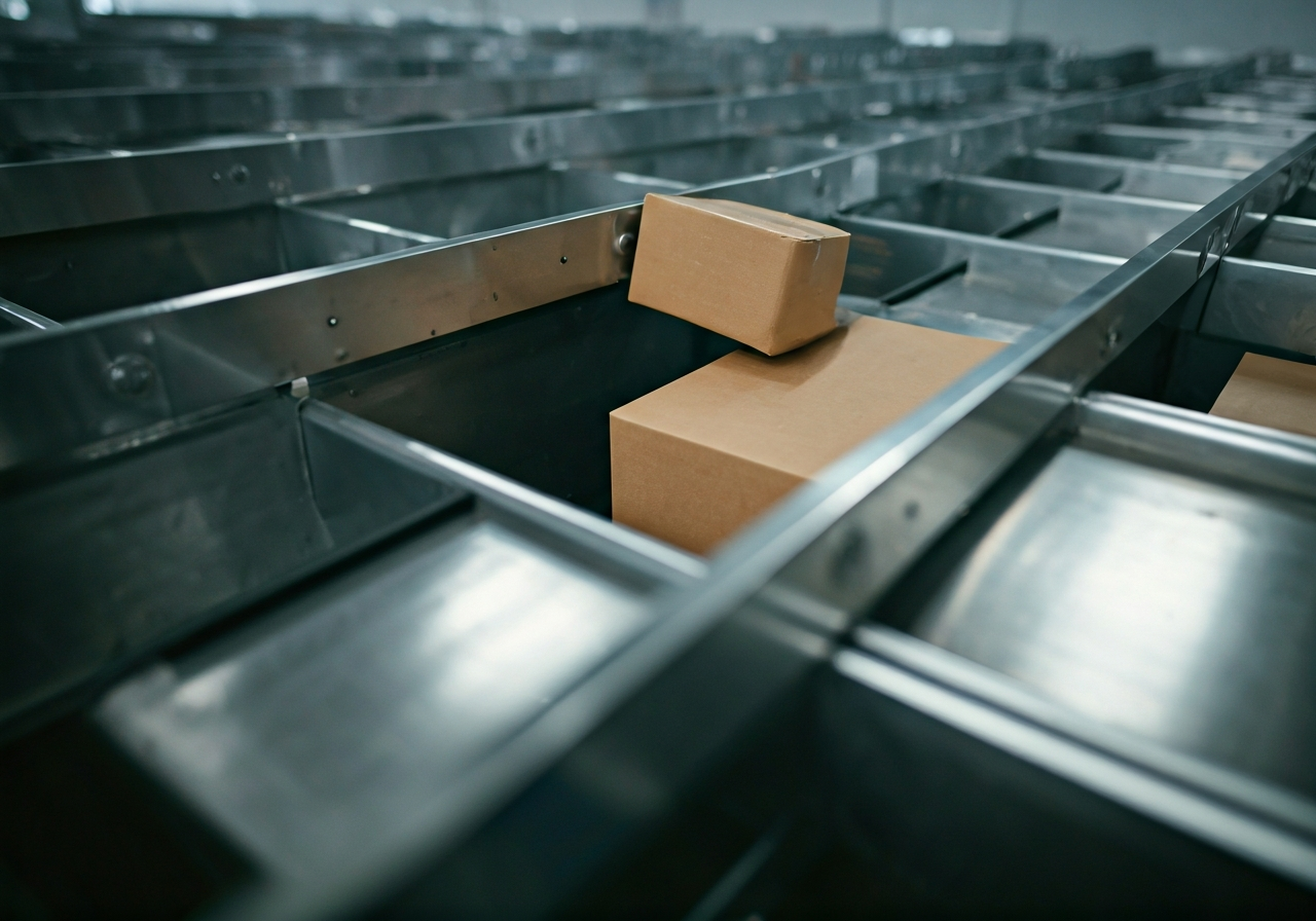 A high-angle close-up shot of a modern, organized parcel delivery hub, clean professional atmosphere, soft natural light reflecting off metallic sorting surfaces, 85mm lens, high resolution, no text, no words, no letters.