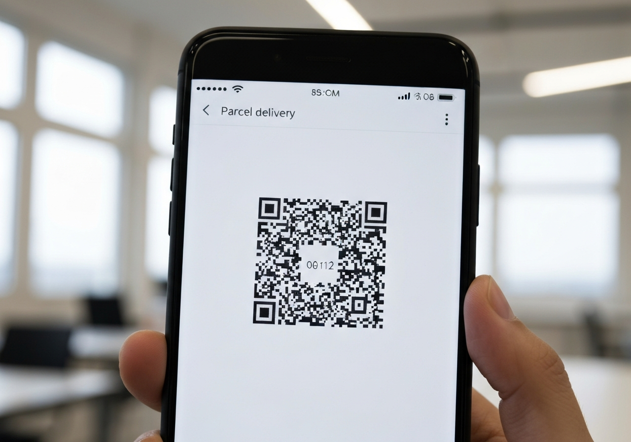 A close-up of a smartphone screen showing a QR code for a parcel delivery service in a bright, modern minimalist office, professional soft natural light, editorial photography, 85mm lens, high resolution, no text, no letters