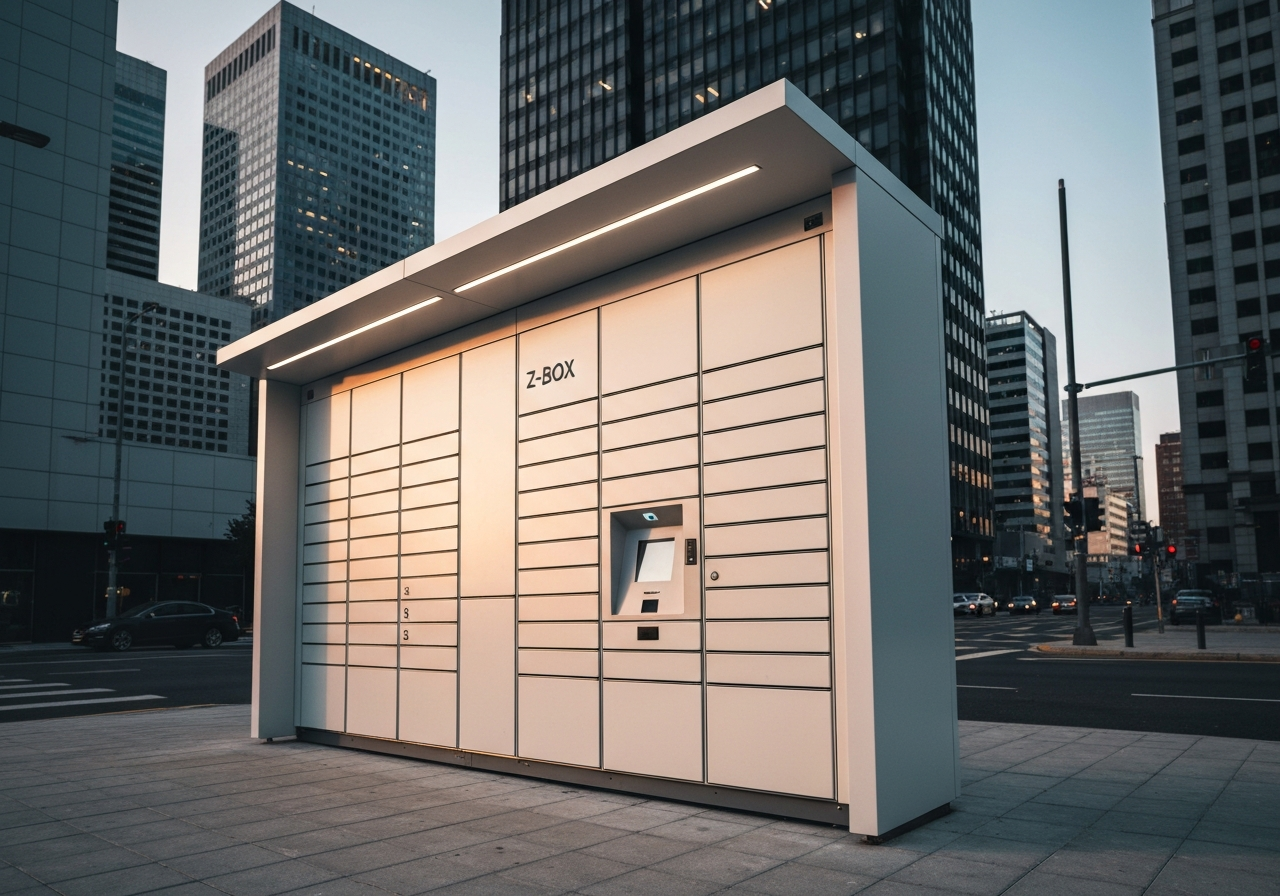 A modern, sleek Z-BOX automated parcel locker station at sunset, urban environment, clean minimalist design, high-quality editorial photography, soft golden hour lighting, 85mm lens, sharp focus, no text, no words, no letters.
