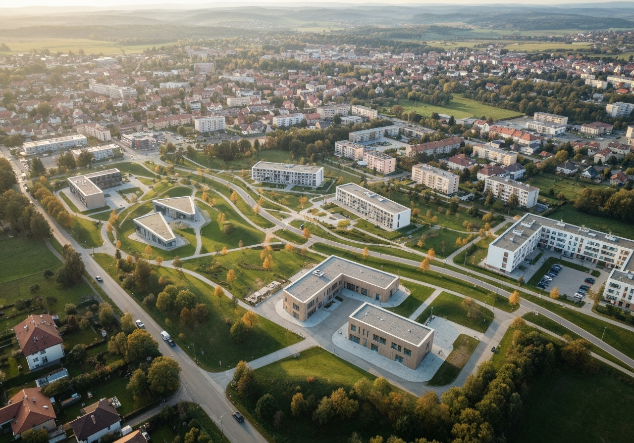 Aerial view of the town of Úvaly, modern landscape architecture, administrative district of Prague-East, soft natural light, editorial photography, 85mm lens, high resolution, no text, no letters