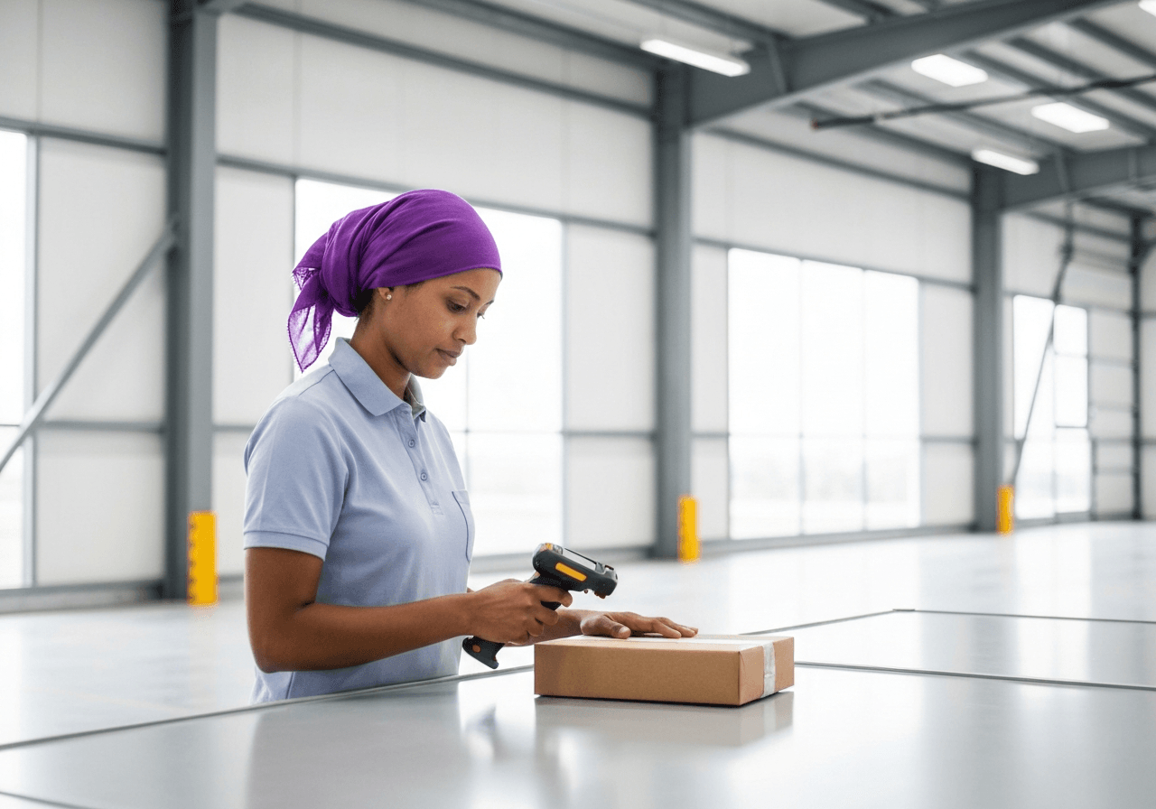 A professional logistics worker scanning a package in a bright, modern warehouse, clean industrial background, editorial photography, soft natural light, 85mm lens, highly detailed, no text, no letters