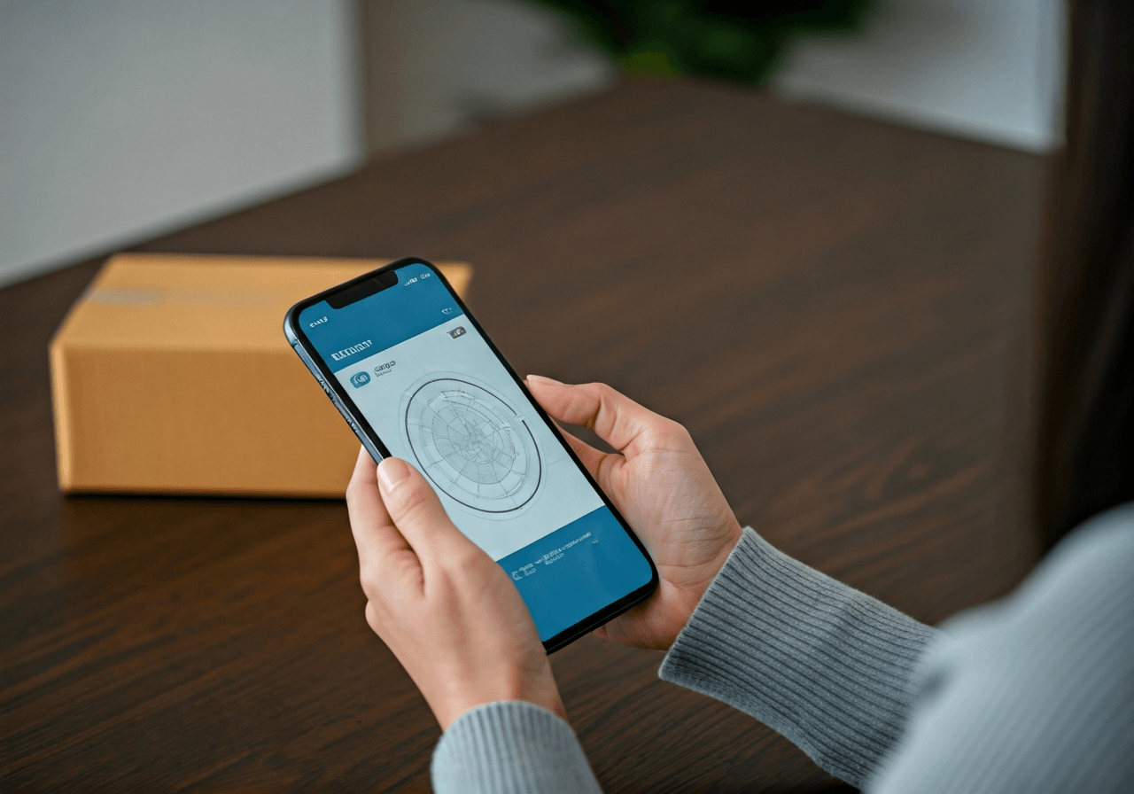 A professional person holding a smartphone showing a logistics tracking app interface, modern home office background, clean desk with a small parcel, soft natural morning light, editorial photography, 85mm lens, high quality, no text, no letters