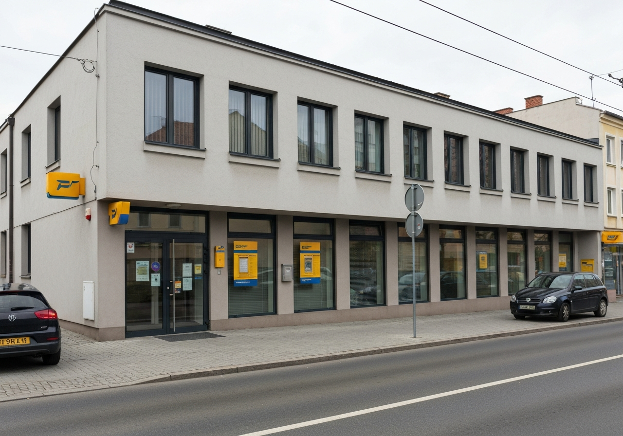 A professional, modern exterior of a Czech post office branch in Jirkov, clean architecture, daylight, street view, editorial photography, 85mm lens, high resolution, no text, no words, no letters