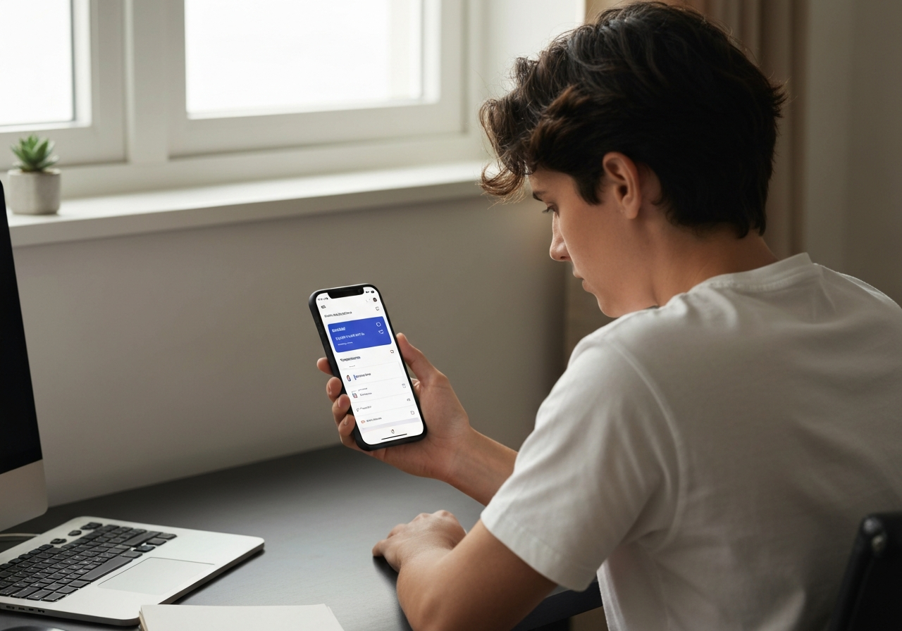 A person looking at a smartphone screen showing a shipment tracking interface, desk background, clean and modern home office, premium editorial style, soft natural light, 85mm lens, no text, no words, no letters.