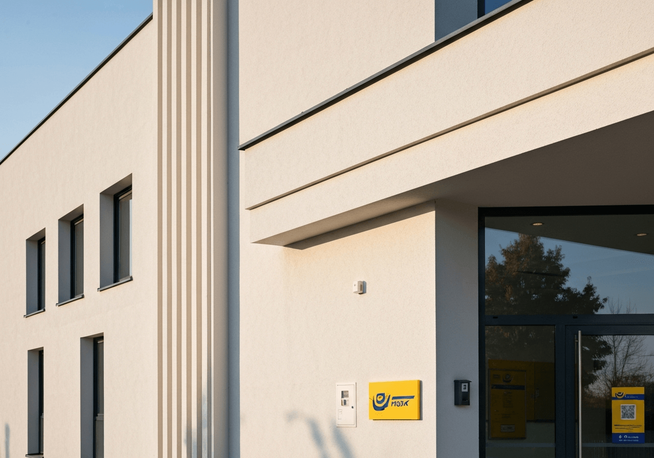A high-quality editorial shot of a modern Czech postal branch facade in Dolni Chabry, clean exterior, architectural detail, soft natural sunlight, professional photography, 85mm lens, no text, no words.
