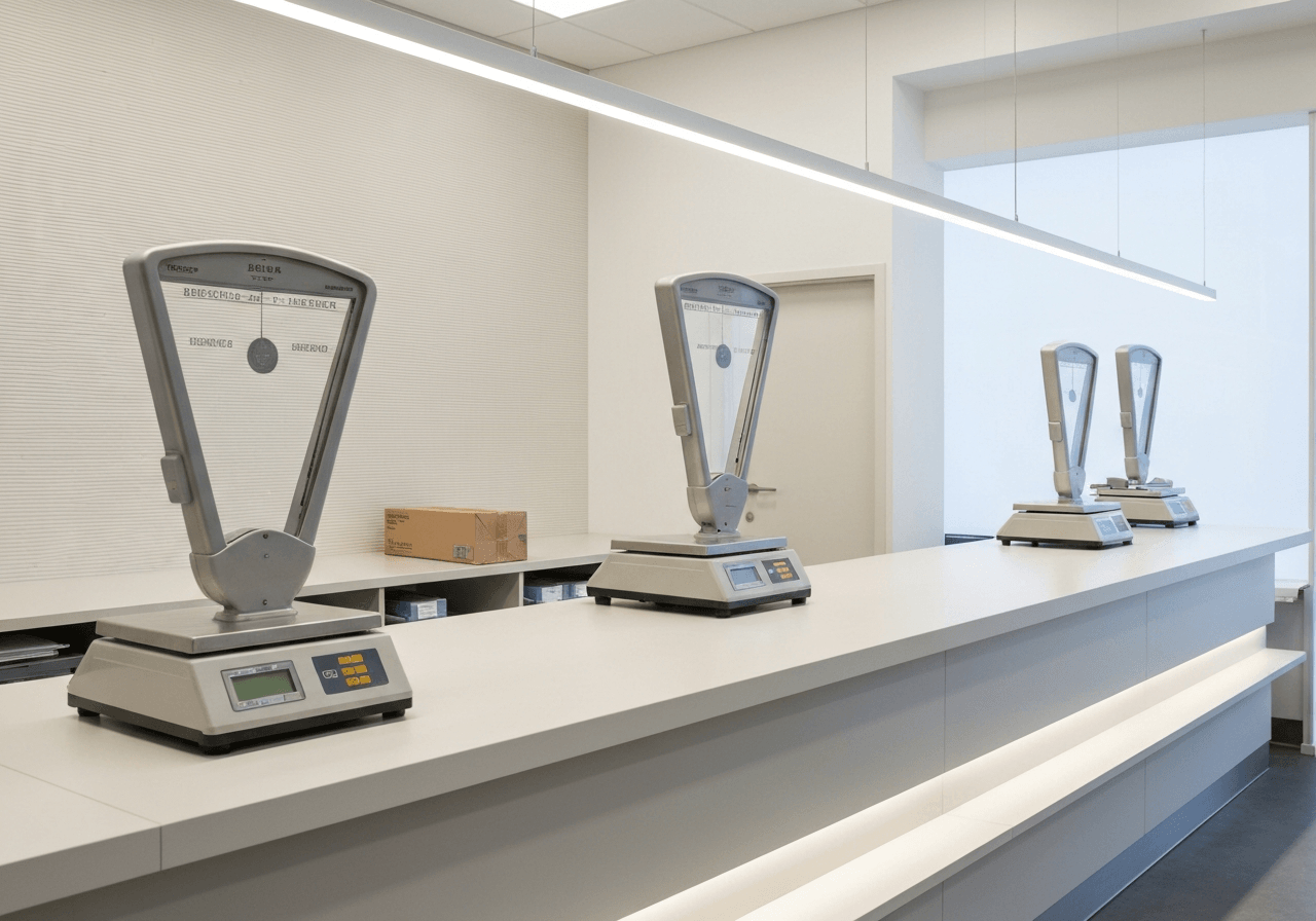 A neat, minimalist post office interior counter in Dolni Chabry, modern clean aesthetic, soft natural light reflecting off professional scales and parcel packaging, 85mm lens, high resolution, professional editorial style, no text, no words, no letters