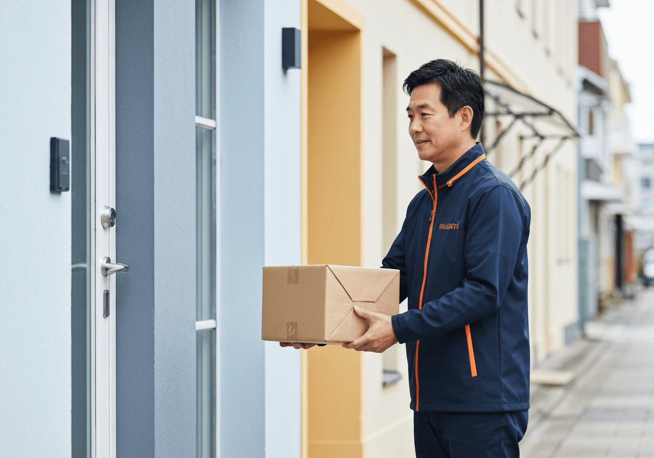 A professional courier delivering a neatly wrapped parcel to a modern doorstep, soft natural light, minimalist urban environment, editorial photography, 85mm lens, high detail, no text, no words, no letters