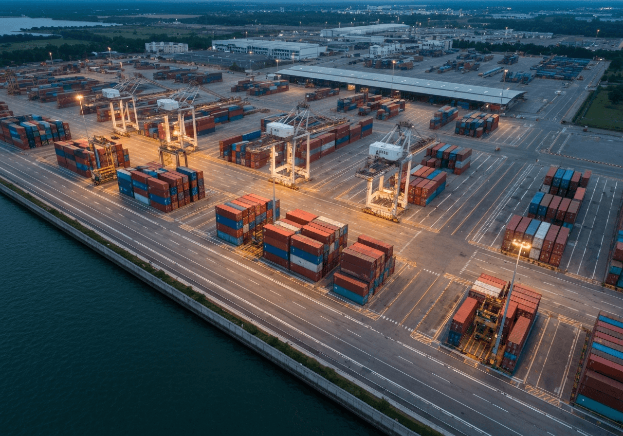 Aerial view of a modern logistics terminal at dusk, organized containers and freight shipping process, editorial photography, clean composition, cinematic lighting, 85mm lens, high detail, no text, no letters