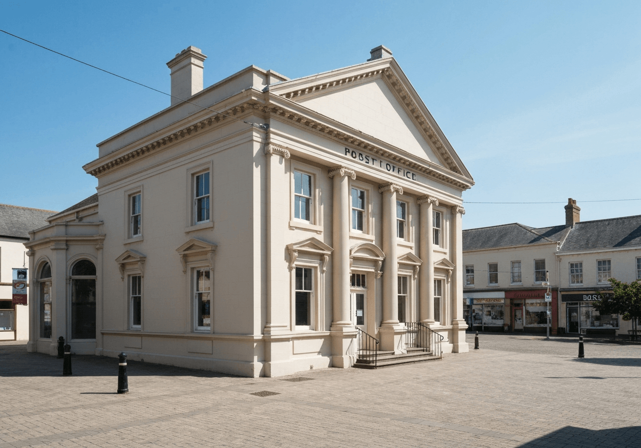 Exterior view of a traditional post office building in a historic town square, sunny day, clean editorial style, professional architectural photography, 85mm lens, soft natural lighting, no text, no letters.