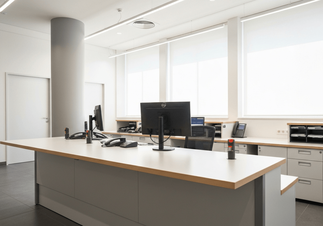 Interior view of a modern, clean postal office branch in the Czech Republic, professional desk with secure document verification tools, bright soft natural lighting, editorial photography style, 85mm lens, high quality, no text, no words, no letters