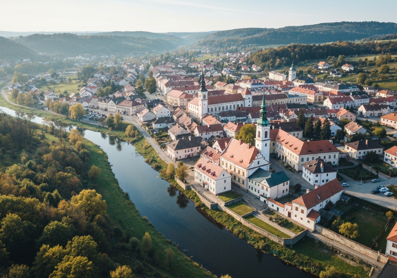 Aerial view of the town of Straz pod Ralskem nestled in the valley of Ploucnice river, picturesque landscape with historical architecture, editorial photography, soft natural morning light, 85mm lens, high resolution, no text, no words, no letters.