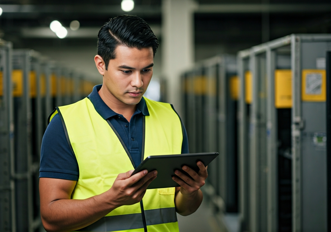 A professional logistics worker inspecting digital tracking data on a tablet in a clean, modern postal sorting facility, editorial photography, soft natural light, 85mm lens, shallow depth of field, no text, no words, no letters.