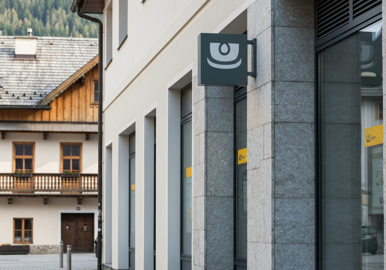 Editorial photography, modern signage of a Czech Post branch in a mountain town, clean exterior, soft natural light, 85mm lens, highly detailed, no text, no letters