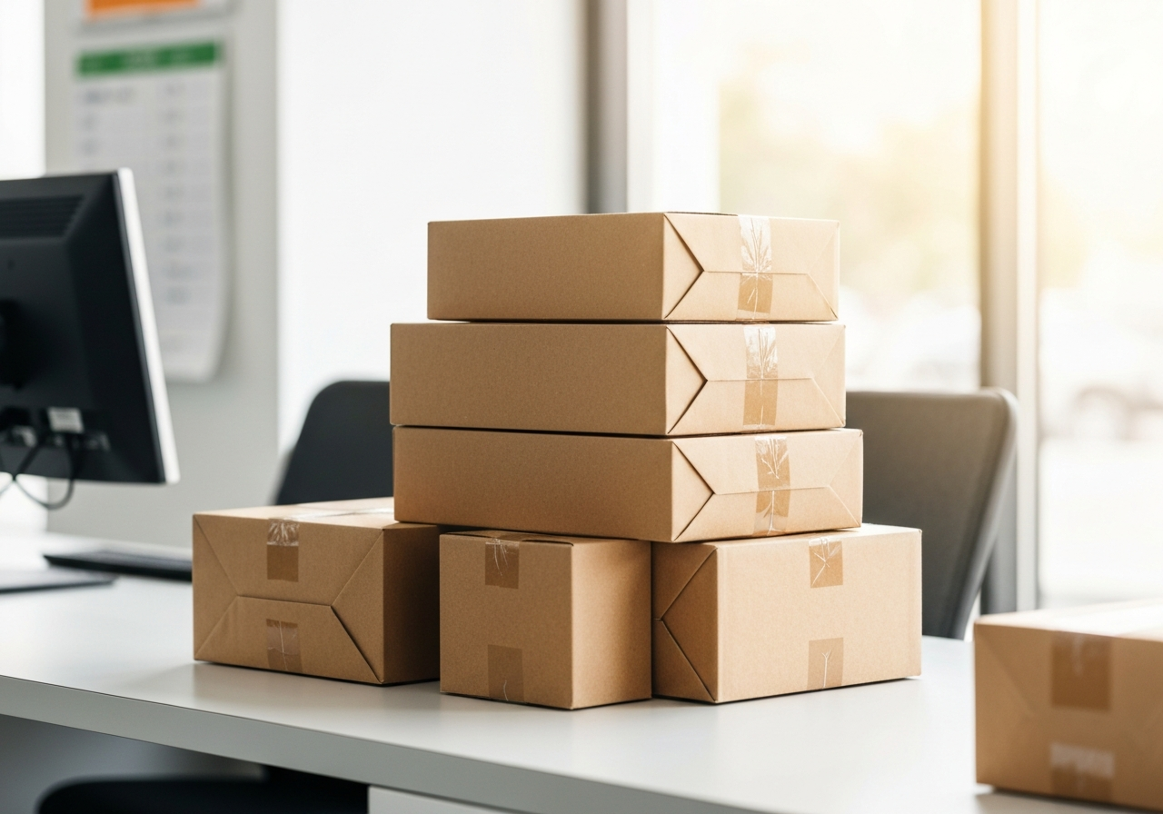 A neat, organized professional workspace with a stack of brown cardboard packages ready for shipment, bright modern post office interior, blurred background, soft natural light, 85mm lens, editorial photography, no text, no letters