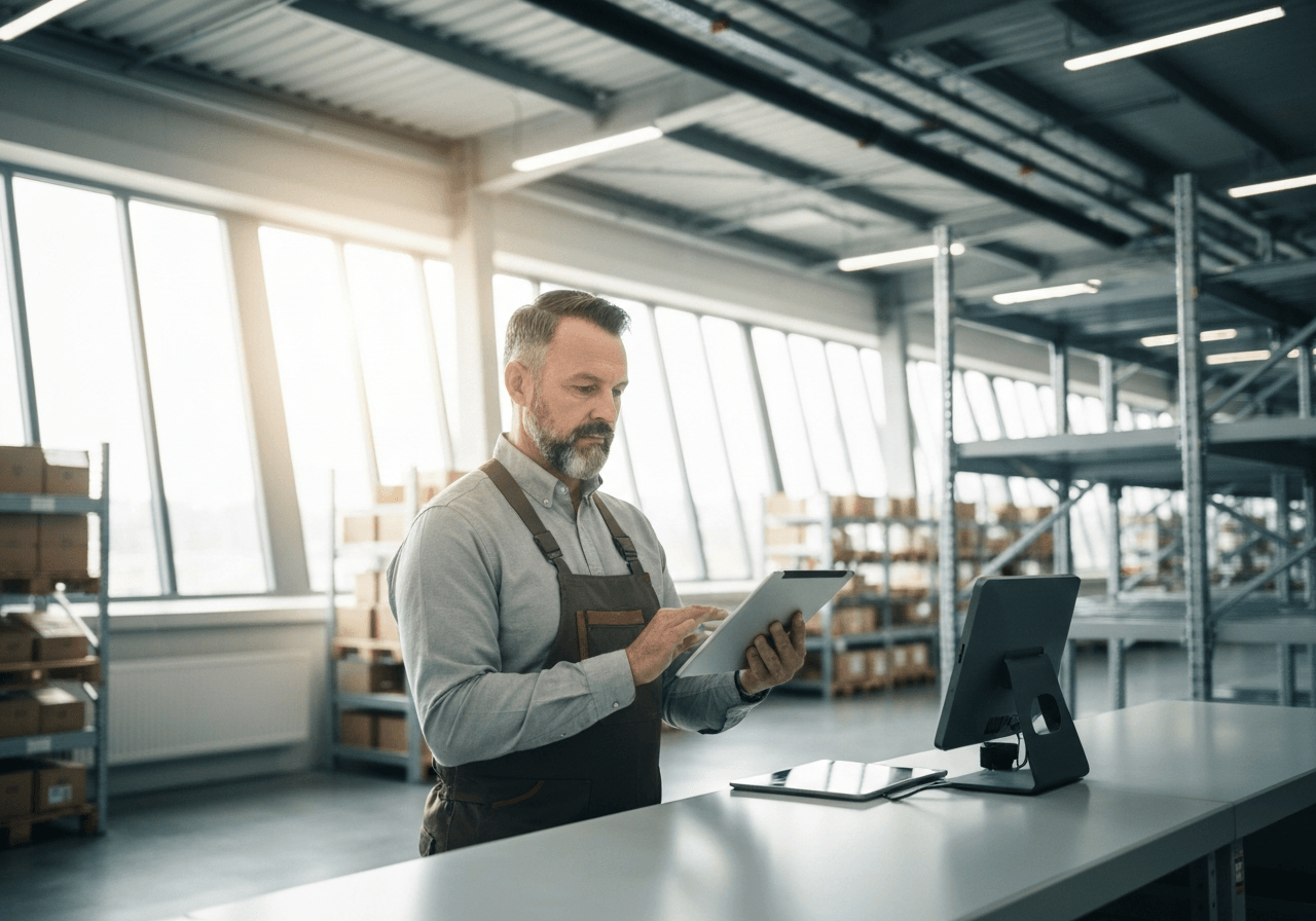 A professional logistics warehouse manager using a tablet to monitor shipping labels, modern clean industrial environment with high-tech aesthetic, editorial photography, soft natural light, 85mm lens, highly detailed, no text, no letters