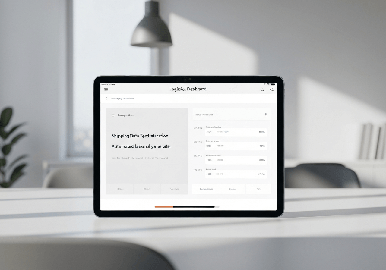 A professional logistics dashboard displayed on a modern sleek tablet, focused on shipping data synchronization and automated label generation, bright minimalist office environment, premium editorial aesthetic, soft natural light, 85mm lens, high resolution, no text, no words, no letters.