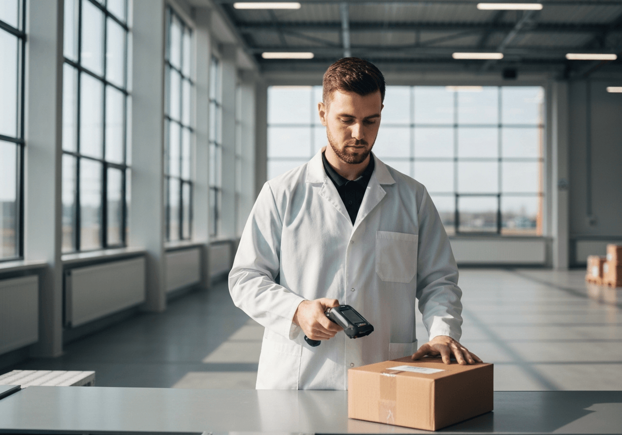 A professional logistics worker scanning a package in a modern, clean distribution center, natural soft morning light, 85mm lens, editorial photography, highly detailed, no text, no words, no letters