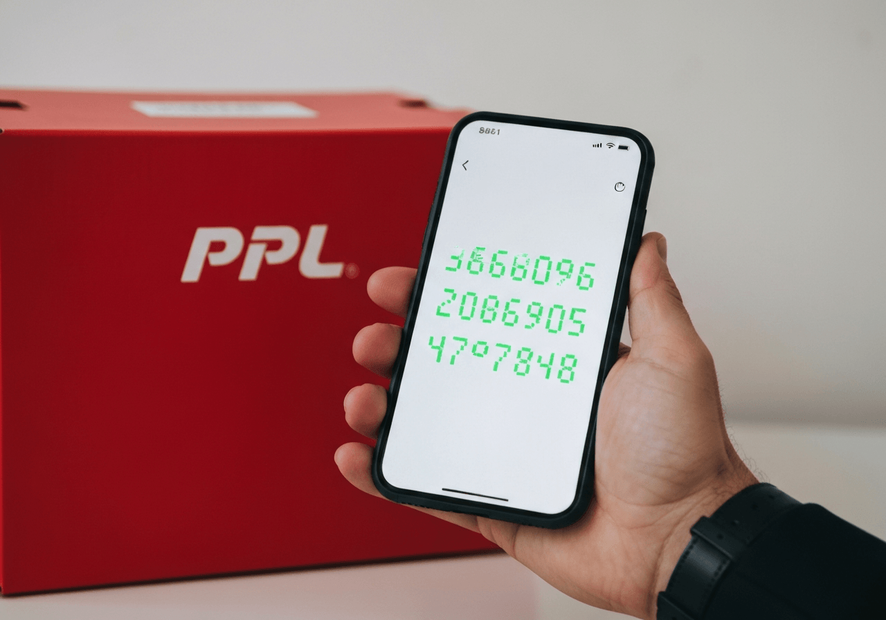 A close-up shot of a person's hand holding a smartphone displaying a secure digital code near a PPL delivery box, clean modern background, editorial photography, soft natural lighting, 85mm lens, high resolution, no text, no letters.