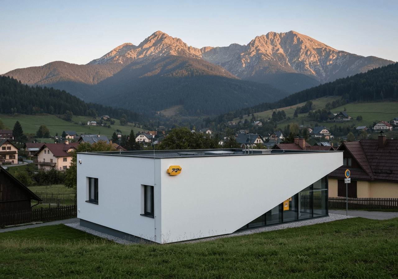 A professional, modern post office building in a mountain village setting, scenic landscape of Jeseníky mountains in the background, editorial photography, high dynamic range, soft morning light, 85mm lens, no text, no words, no letters