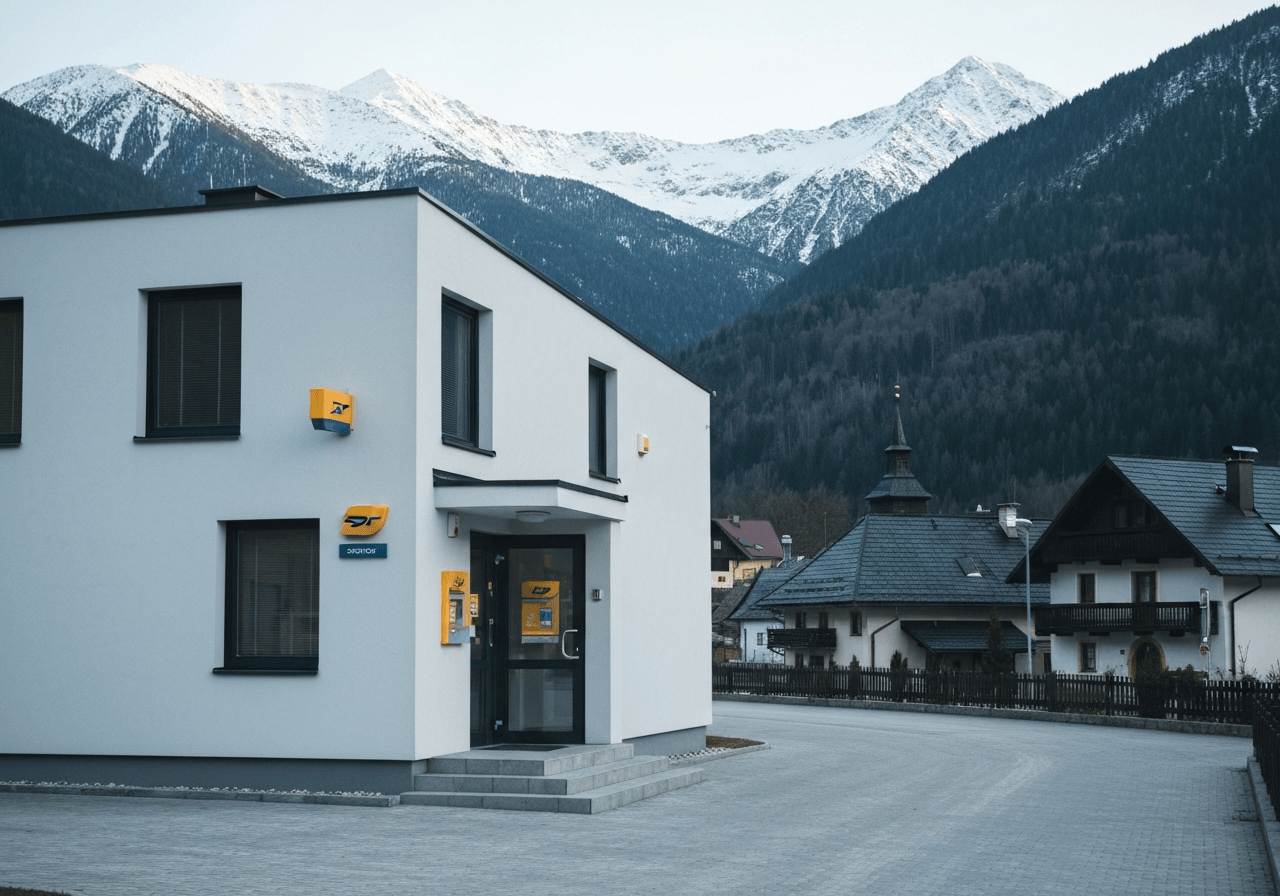 A modern, clean exterior shot of a Czech post office branch in a mountain village setting, professional editorial photography, soft natural light, 85mm lens, high resolution, no text, no words, no letters