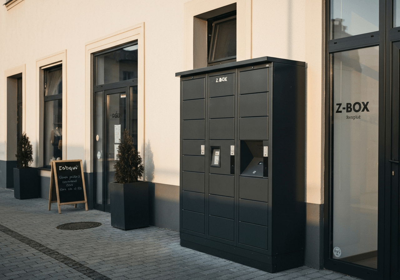 A modern Z-BOX locker station located in a clean urban environment in Zábřeh next to a small boutique shop entrance, soft natural morning light, cinematic editorial style, 85mm lens, highly detailed, no text, no words, no letters.