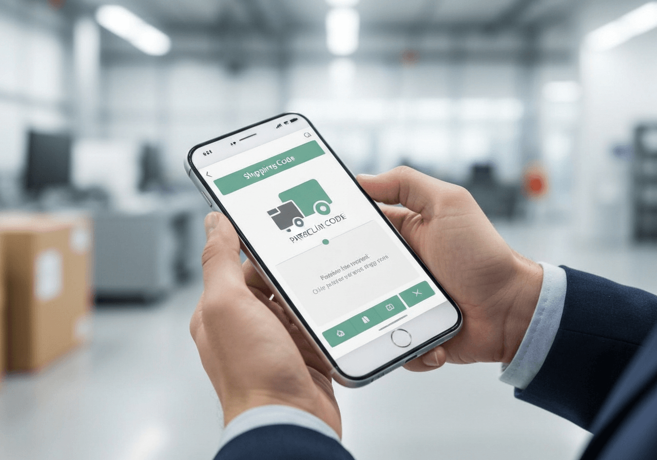 A close-up of a person's hands using a smartphone to display a digital shipping code for a parcel delivery service, modern and clean logistics environment in the background, Editorial photography, soft natural light, 85mm lens, highly detailed, no text, no letters