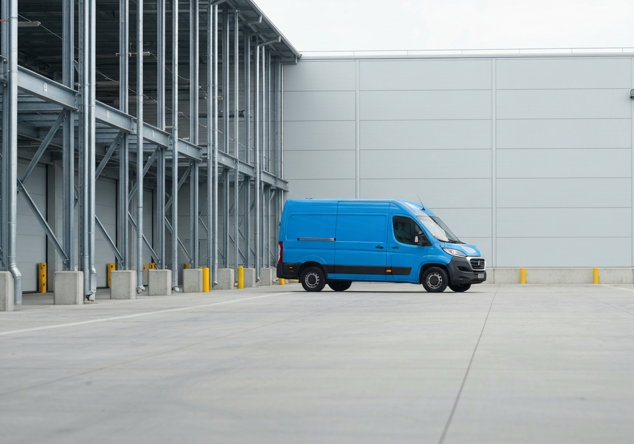 A professional logistics warehouse scene during transition, modern branded delivery van in front of a clean distribution center, industrial aesthetic, soft natural daylight, 85mm lens, high quality, no text, no words, no letters