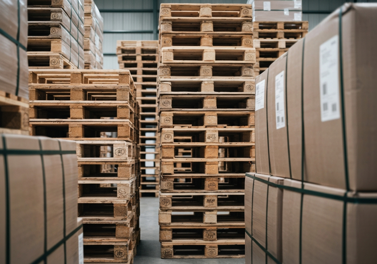 A professional logistics warehouse setting with a focus on stacked wooden pallets and heavy industrial parcels, soft natural light, premium editorial aesthetic, 85mm lens, depth of field, minimalist clean design, no text, no words, no letters