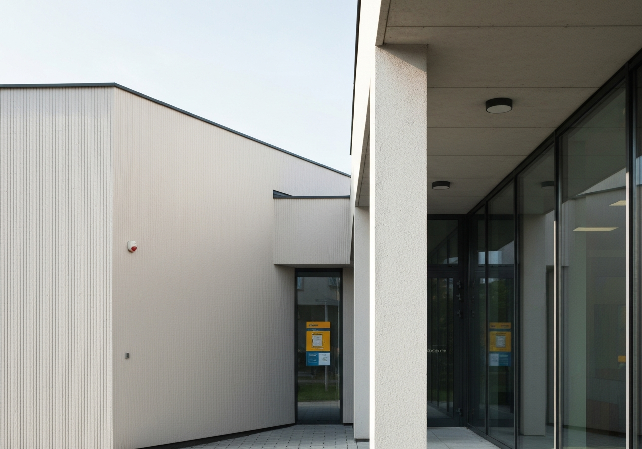 Exterior view of a modern Czech post office branch, clean architectural design, soft natural daylight, cinematic editorial photography, 85mm lens, high resolution, no text, no words, no letters