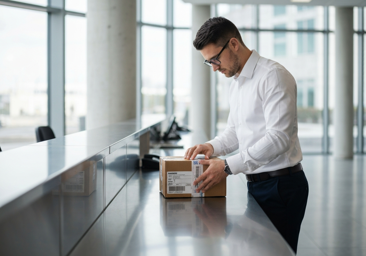 A professional, organized customer preparing a parcel for shipping at a modern, clean postal counter, editorial photography style, soft natural light, shallow depth of field, 85mm lens, highly detailed, no text, no words, no letters.