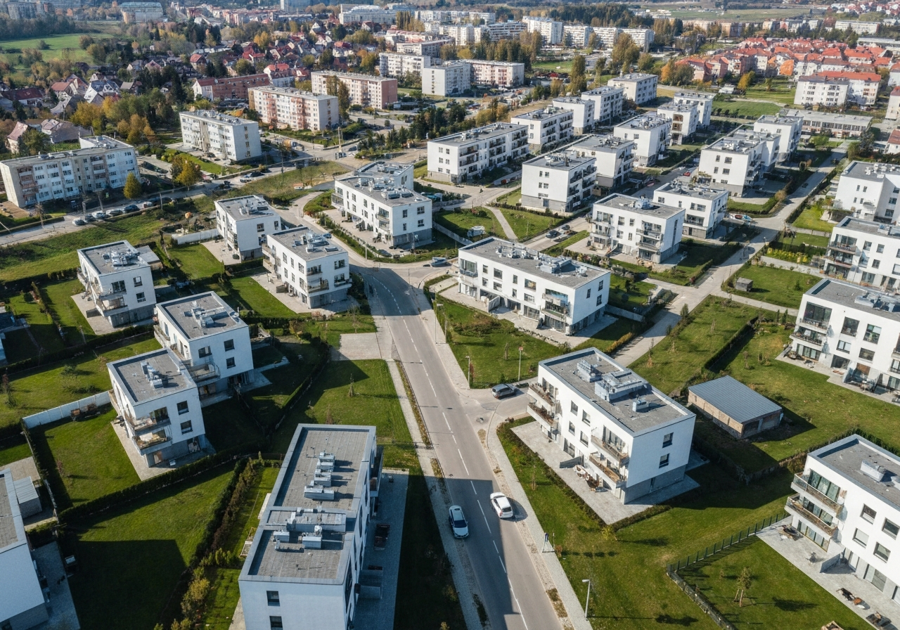 Aerial view of modern residential district in Pardubice with clean streets, sunny day, editorial photography, soft natural light, 85mm lens, highly detailed, no text, no words, no letters