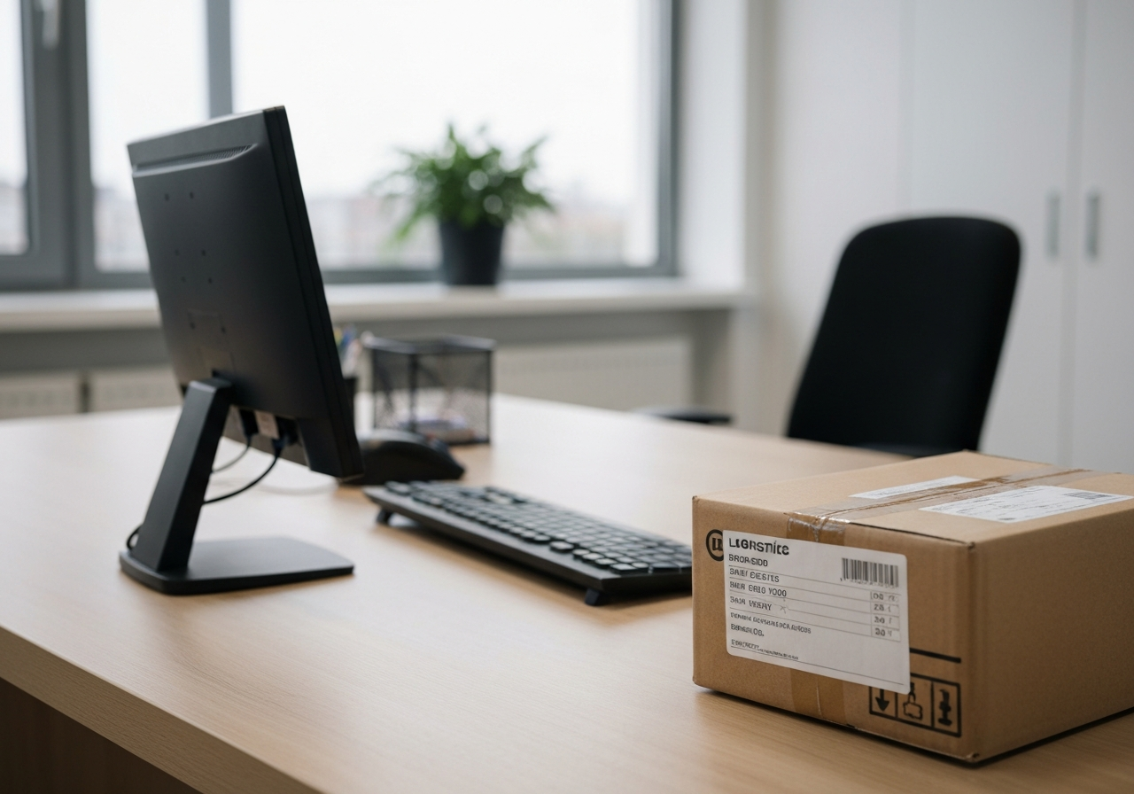 A professional logistics desk in a modern Pardubice office, close-up of a perfectly addressed parcel with a clean postal label, soft natural light, depth of field, 85mm lens, high-end editorial aesthetic, no text, no words, no letters