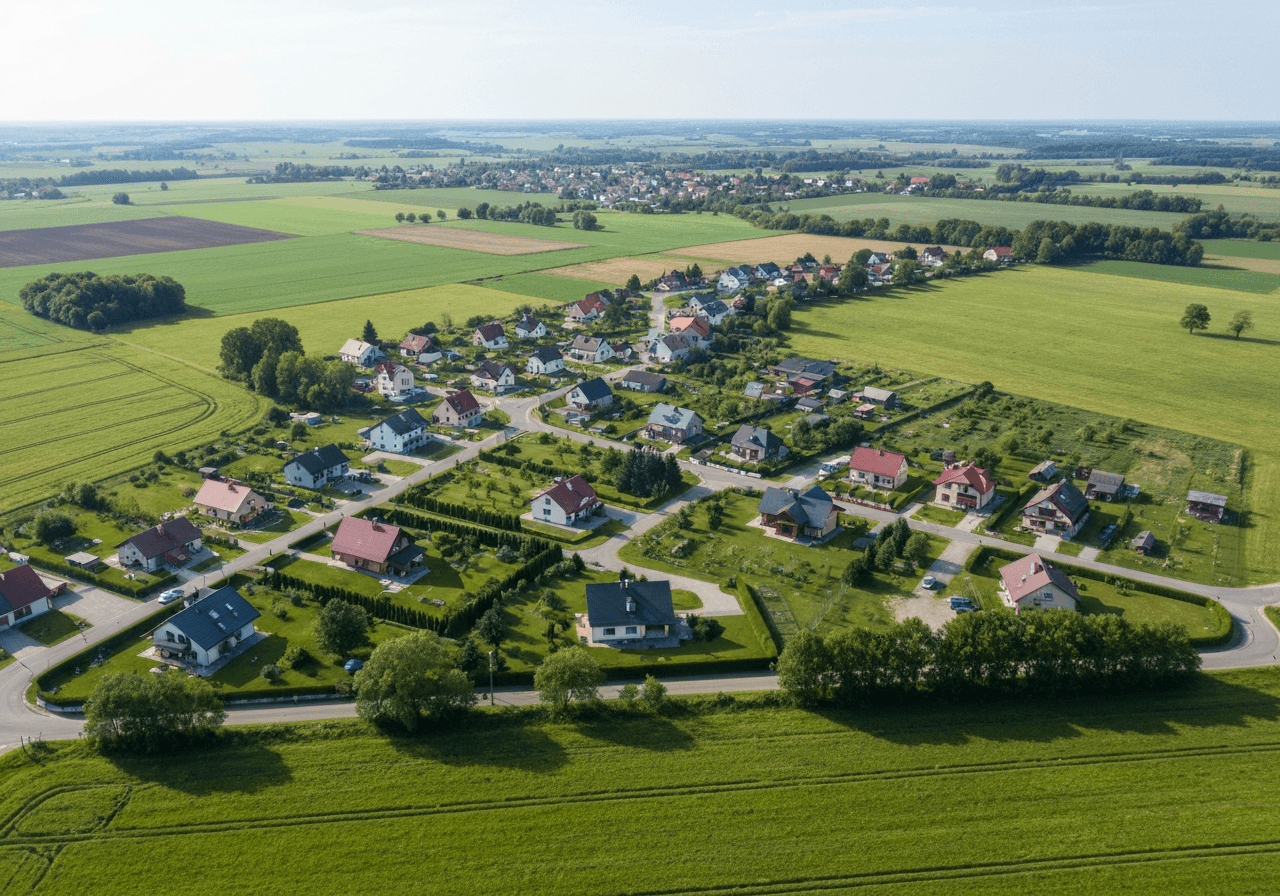 Aerial view of the peaceful village of Velké Přítočno in the Czech Republic, surrounded by green fields and countryside, modern, clean aesthetic, soft natural sunlight, 85mm lens, high resolution, no text, no words, no letters