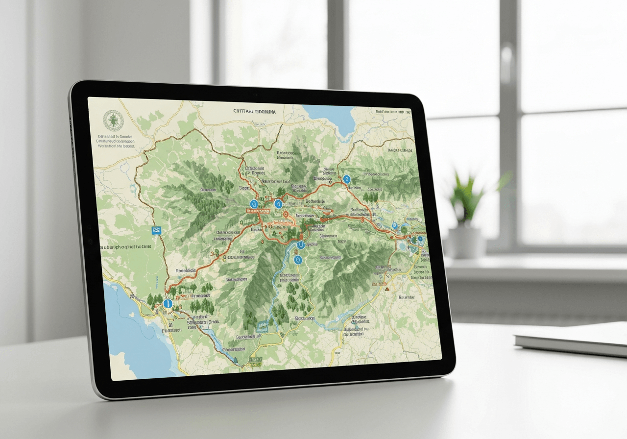 A professional map of the Central Bohemian region displayed on a modern tablet screen with a wellness focus, clean office background, editorial photography, soft natural light, 85mm lens, highly detailed, no text, no letters
