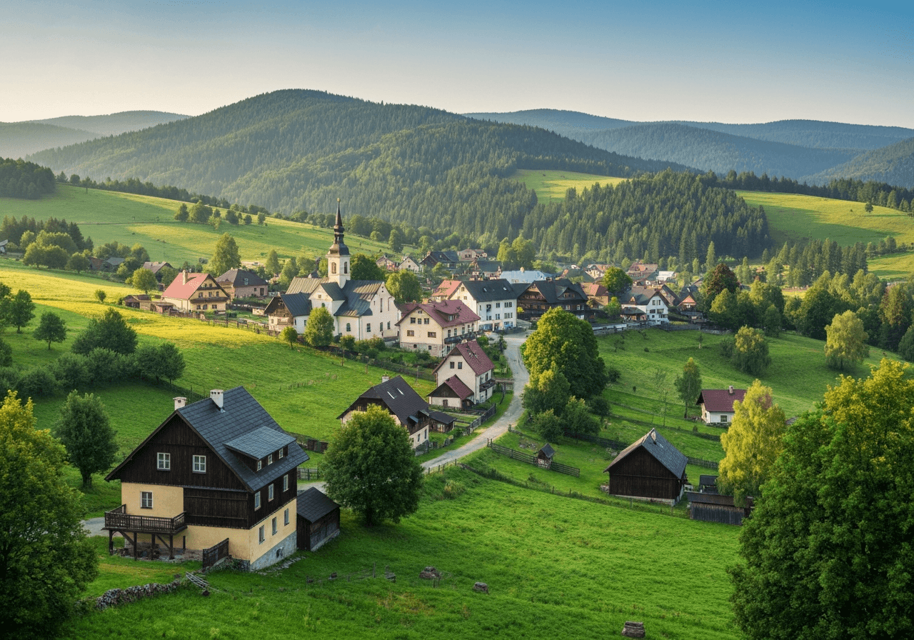 Panoramic view of the picturesque Lipová-lázně village nestled in the green valley of the Jeseníky mountains, editorial landscape photography, clean mountain air, vibrant nature, soft natural morning light, 85mm lens, highly detailed, no text, no letters