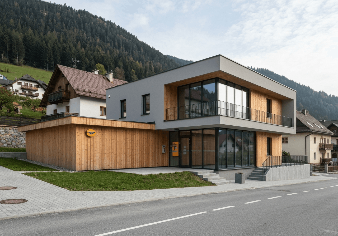 A professional, clean exterior shot of a modern Czech post office building in a scenic mountain village, soft daylight, 85mm lens, high quality, no text, no letters