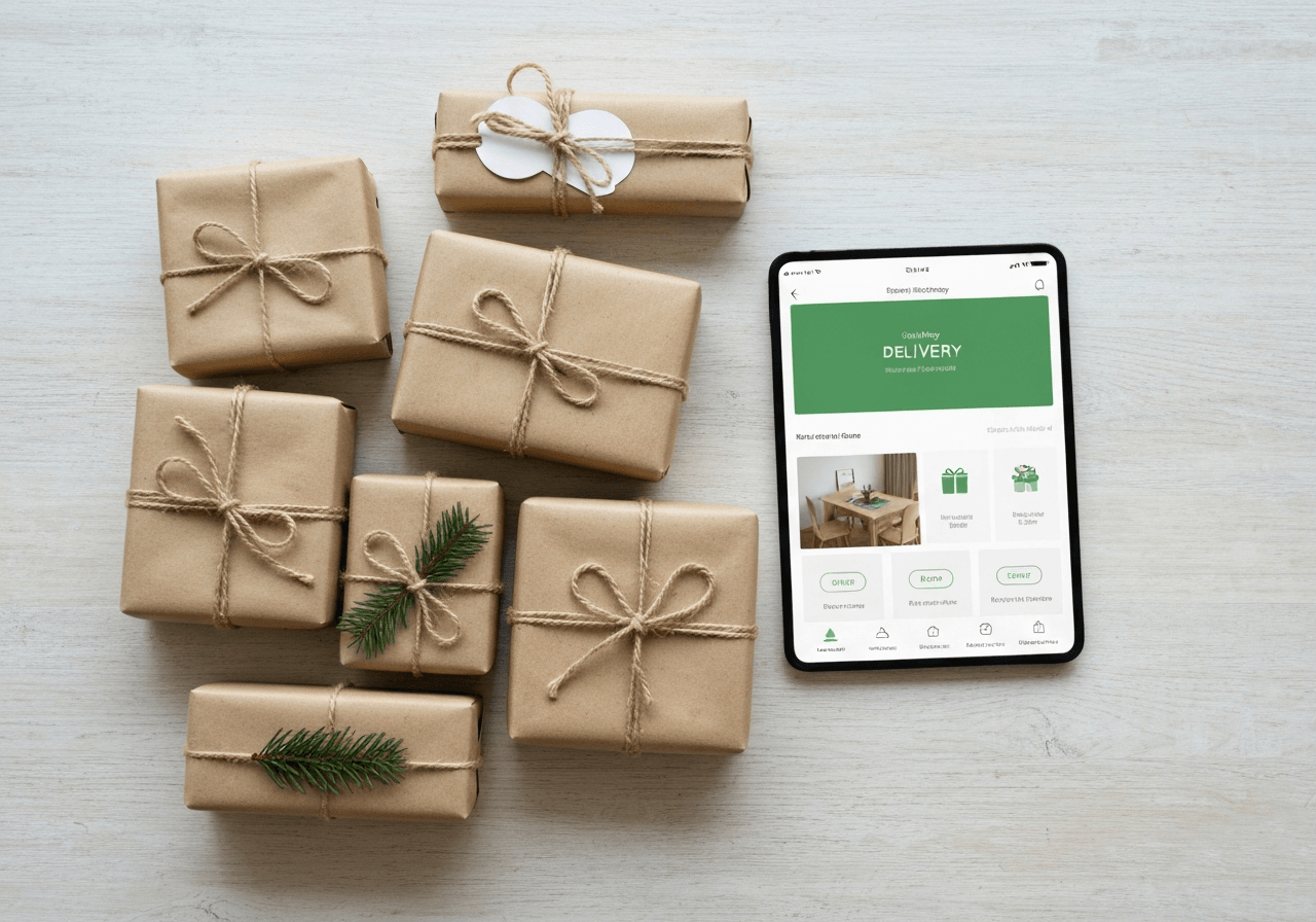DPD Vánoce: Jak doručit dárky včas (Krok za krokem) 2 A flat lay of neatly wrapped organic, eco-friendly Christmas gifts on a clean wooden table, accompanied by a digital tablet showing a delivery tracking app, editorial photography, soft natural light, 85mm lens, minimalist and professional style, no text, no letters